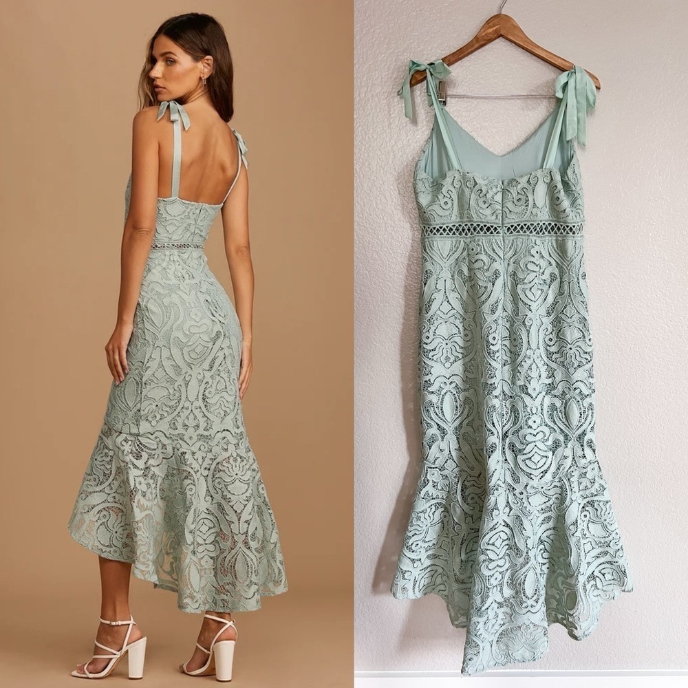 Won Your Heart Sage Green Lace Tie-Strap High-Low Midi Dress - Picture 2 of 9